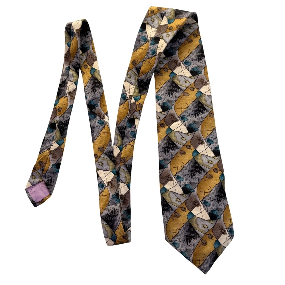 Joe Theismann Collection One Silk Tie Abstract Geometric Gold Grey Made in USA